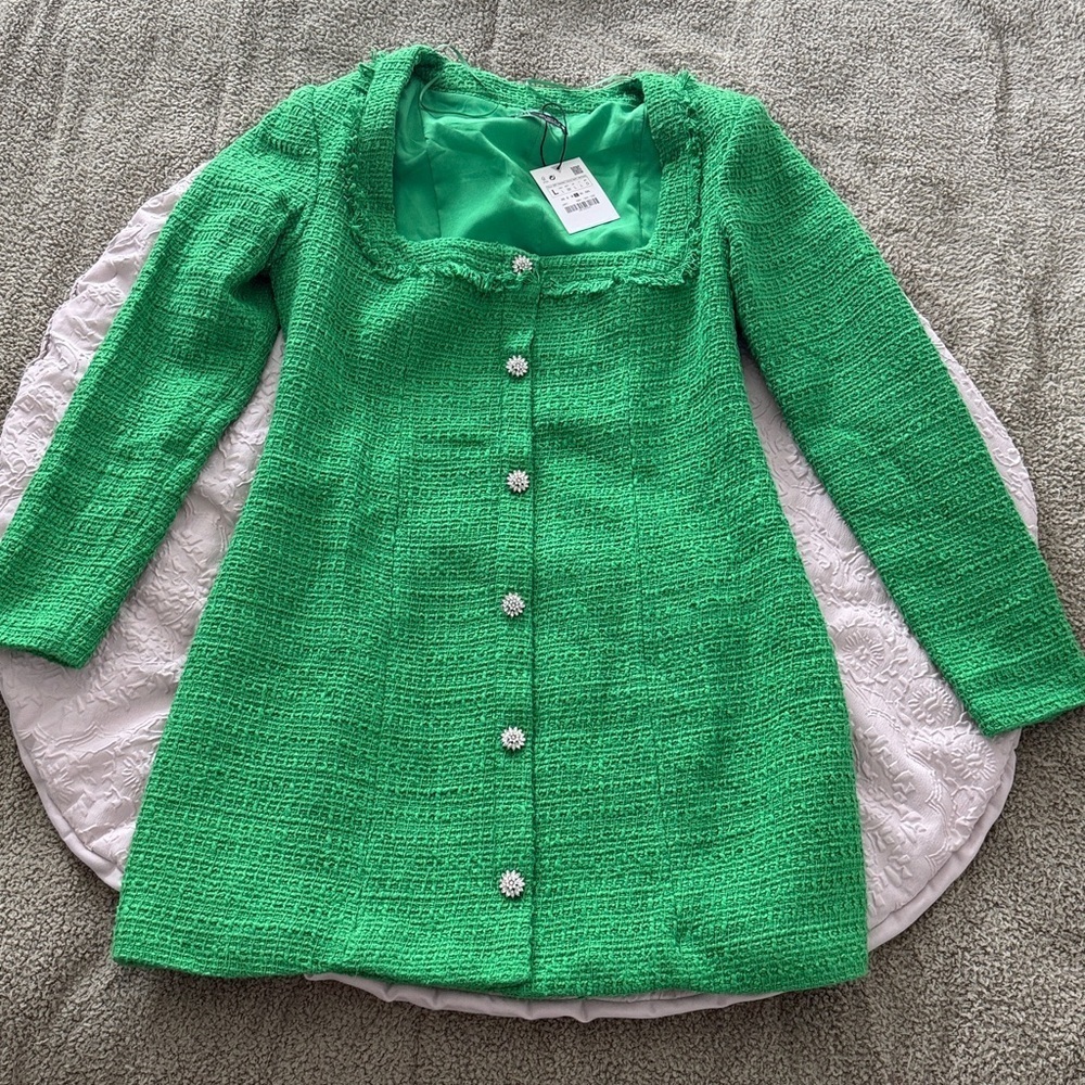 Zara Tweed Boucle squared neck long sleeves Jewel Buttons Green Dress Sz Large - Picture 9 of 15